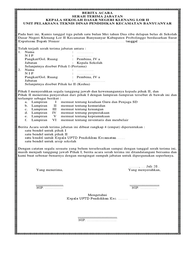 Contoh Berita Acara Serah Terima Jabatan Kepala Sekolah