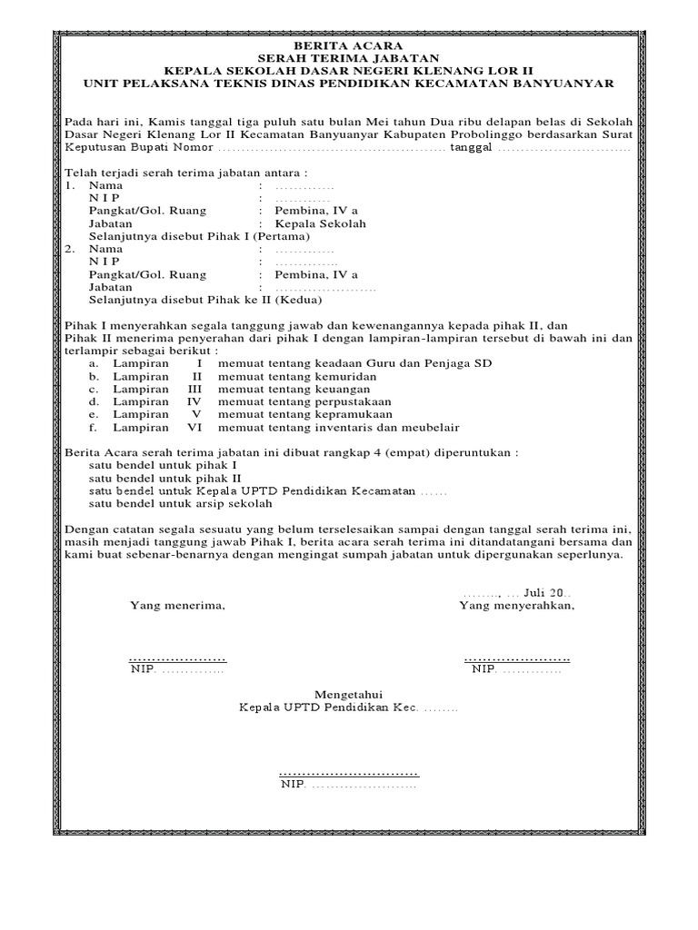 Contoh Surat Berita Acara Serah Terima Jabatan Kepala Sekolah Nusagates