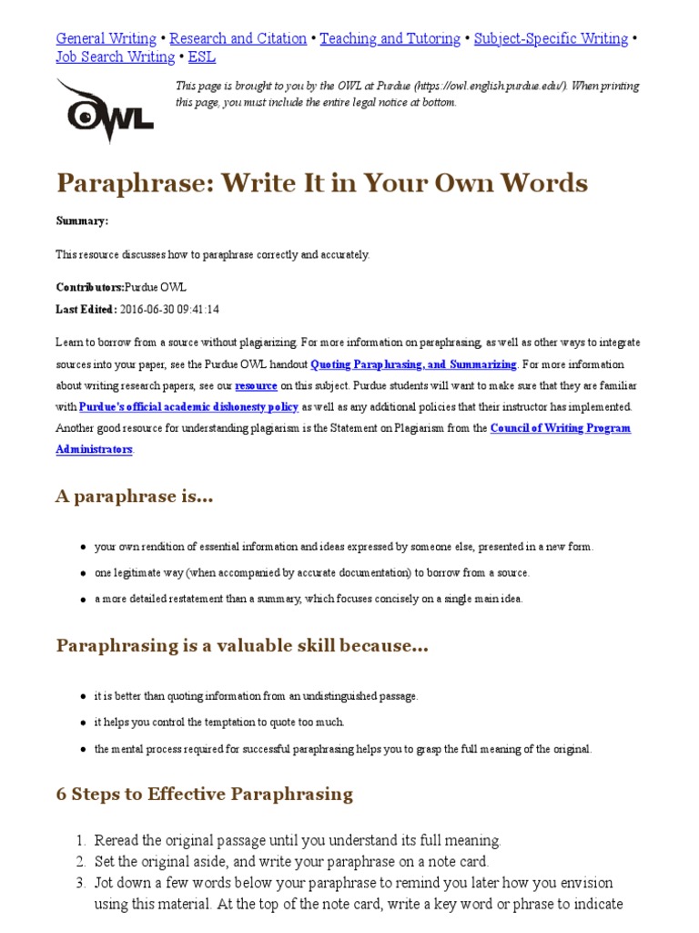 Purdue Owl Paraphrase Exercises PDF Plagiarism Academic Publishing