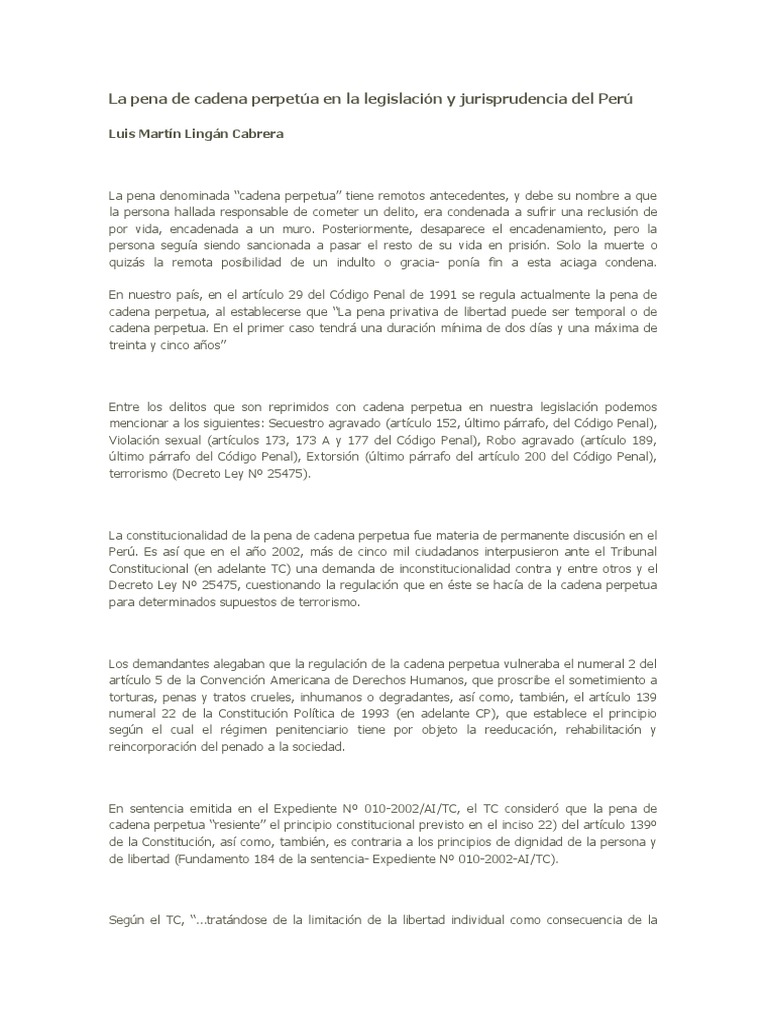 La Pena de Cadena Perpetúa en La Legislación y Jurisprudencia Del Perú