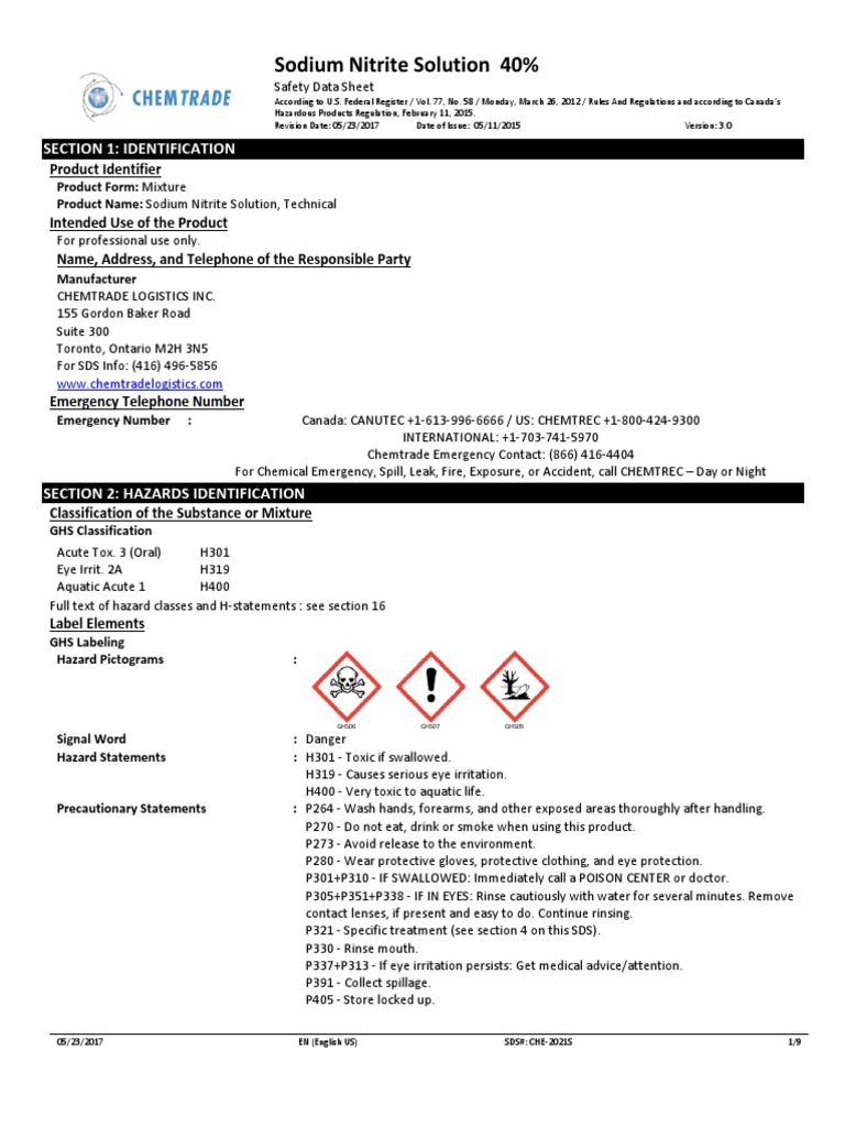 SDSSodium Nitrite Solution 40 CHE2021S Toxicity Dangerous Goods