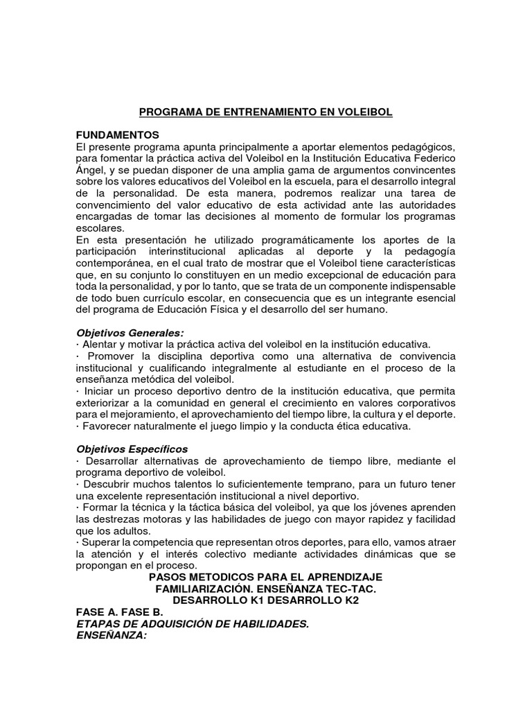 Plan de Entrenamiento de Voley Vóleibol Deportes