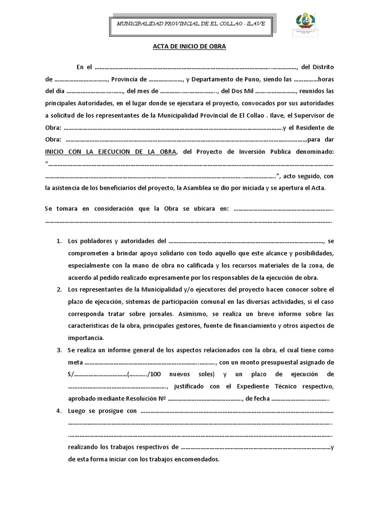 Acta de Inicio de Obra | PDF | Gobierno