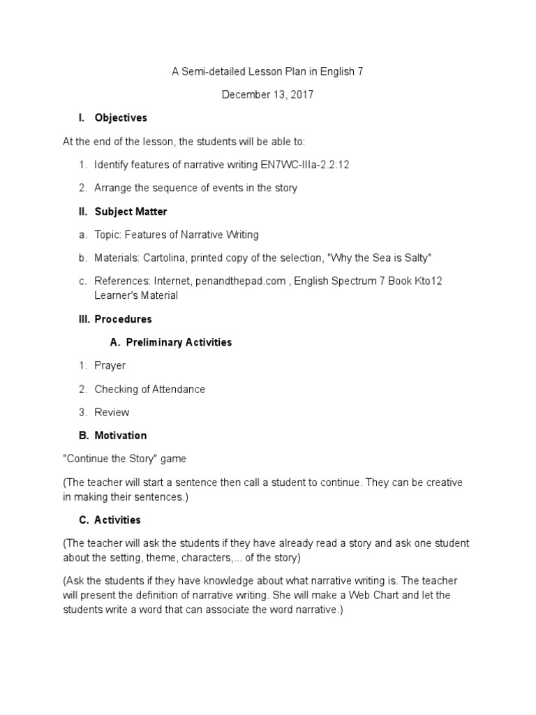 Features Of Narrative Writing Pdf Narration Lesson Plan