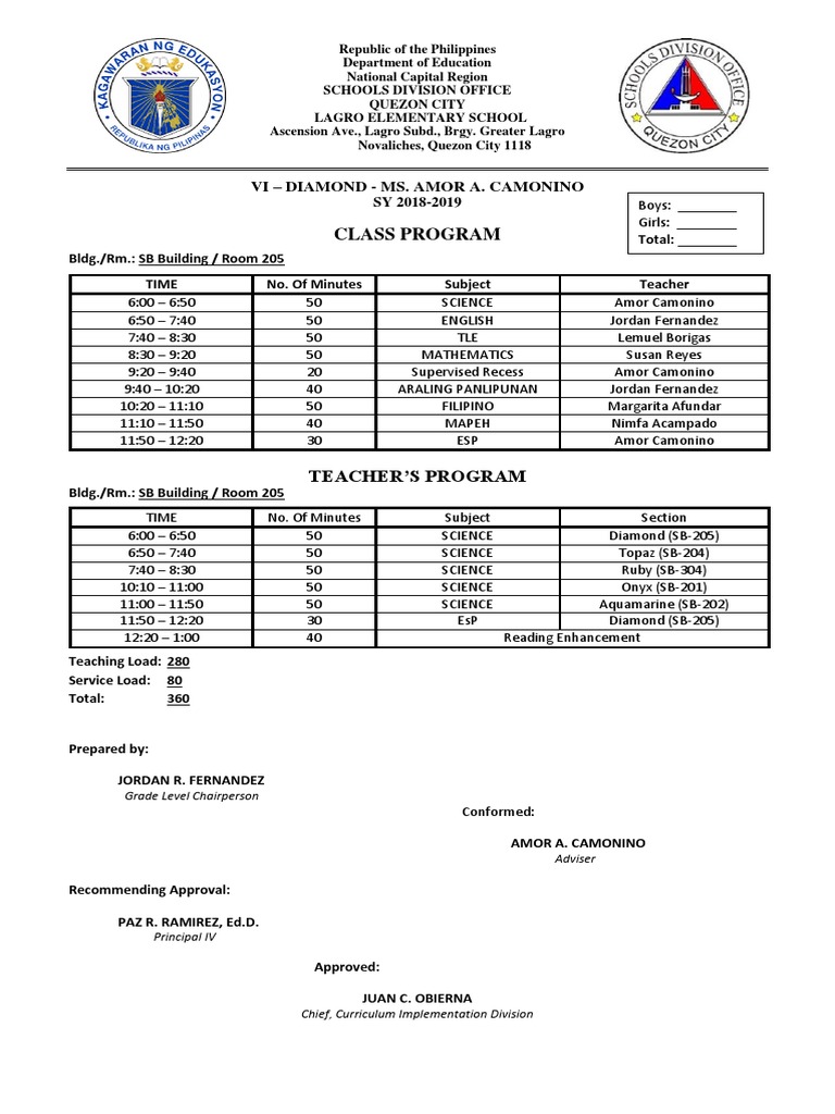 Individual Class Program 2018-2019 sample | Metro Manila | Gemstone ...