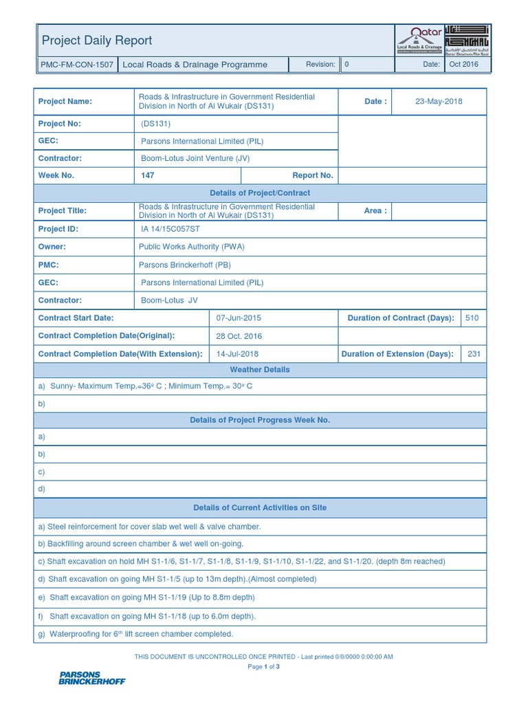 Daily Project Report: Al Wukair Roads | PDF | Engineering | Business