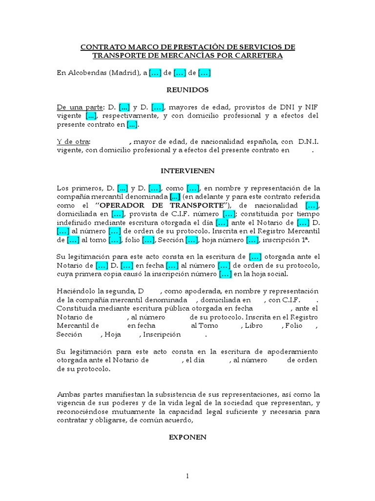 Modelo de Contrato de Transporte Terrestre Mercancías. Transporte Pagos