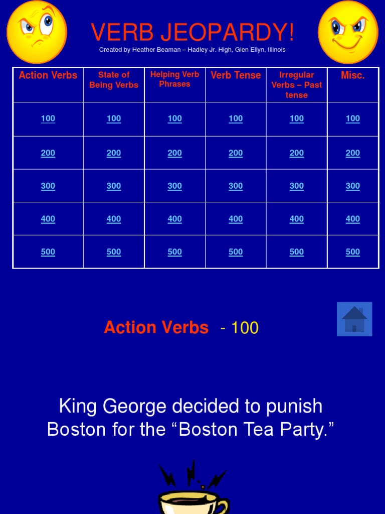 Verb Jeopardy! Action Verbs Verb Tense Misc PDF Patriot (American