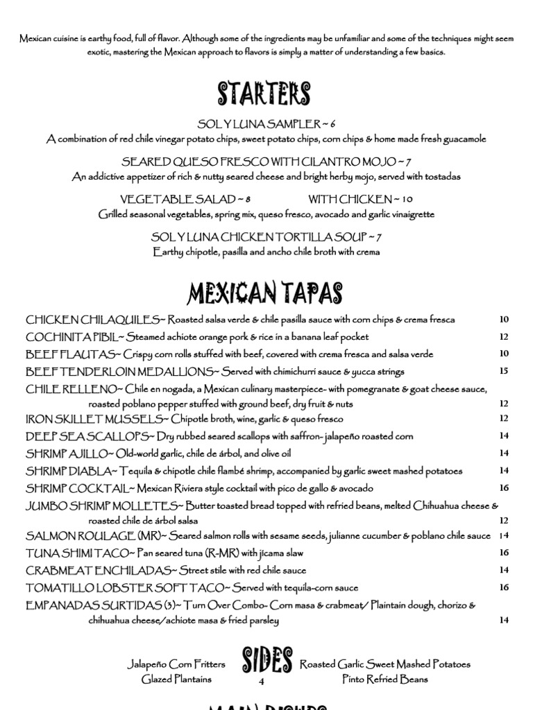 Sol y Luna New Dinner Menu | PDF | Cooking, Food & Wine