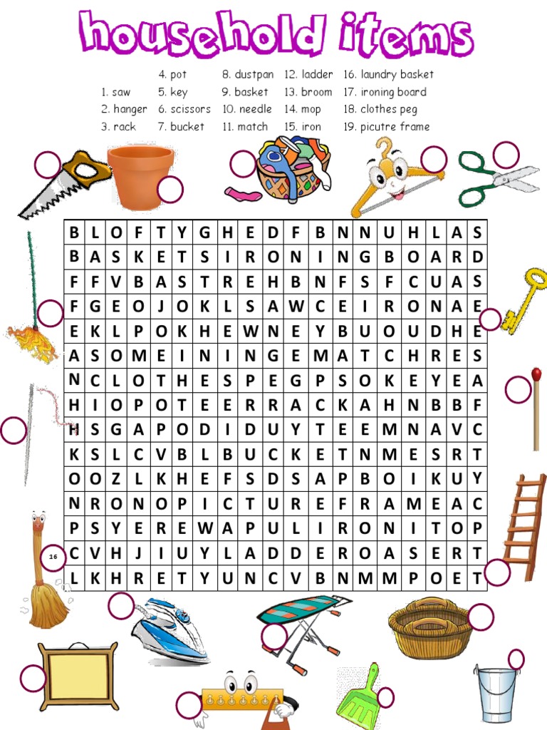 Household Items Word Search Crosswords 107792 PDF