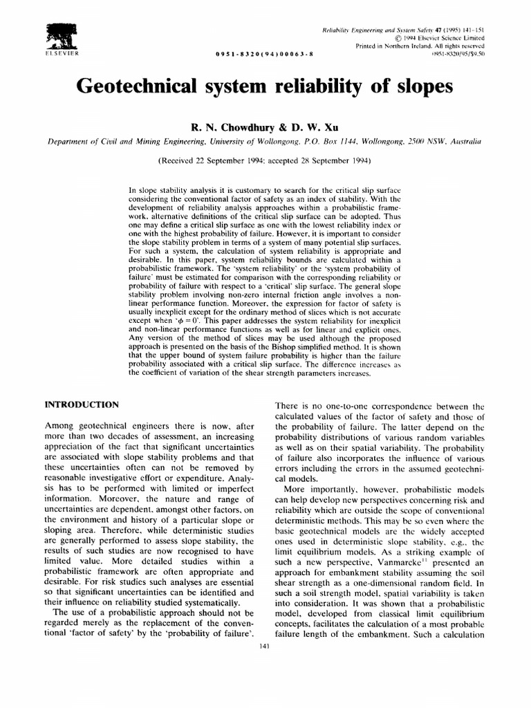 Geotechnicai System Reliability of Slopes | PDF | Reliability ...