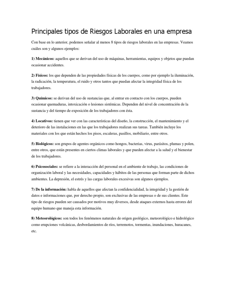 Principales Tipos de Riesgos Laborales en Una Empresa | PDF
