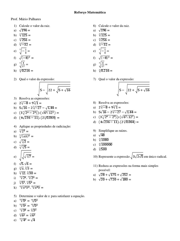 Exercícios - Propriedades Radiciação | PDF | Ensino de Matemática ...