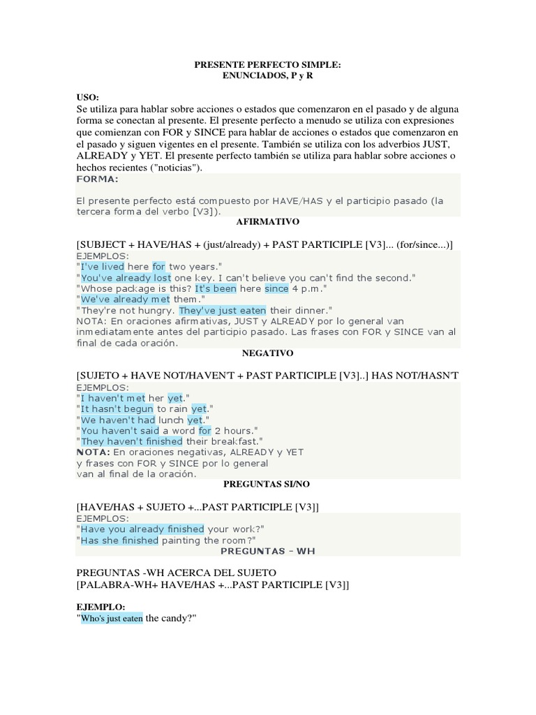 Uso y Estructura del Presente Perfecto | PDF | Sintaxis | Mecánica del ...