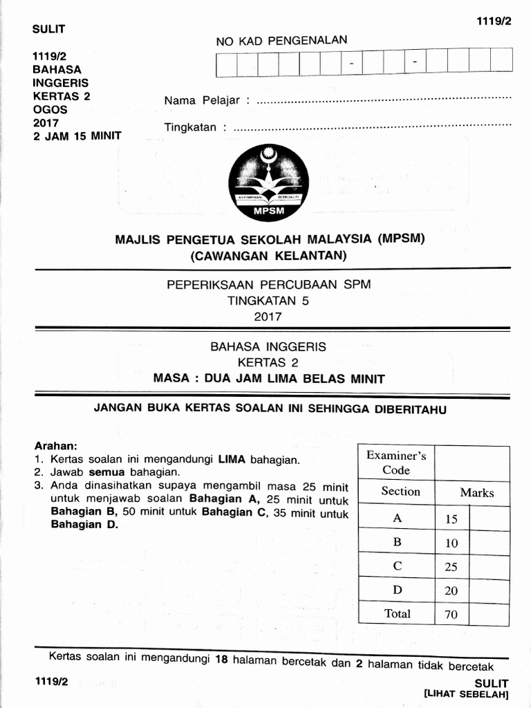 Spm English Trial Kelantan P2 2017 Pdf