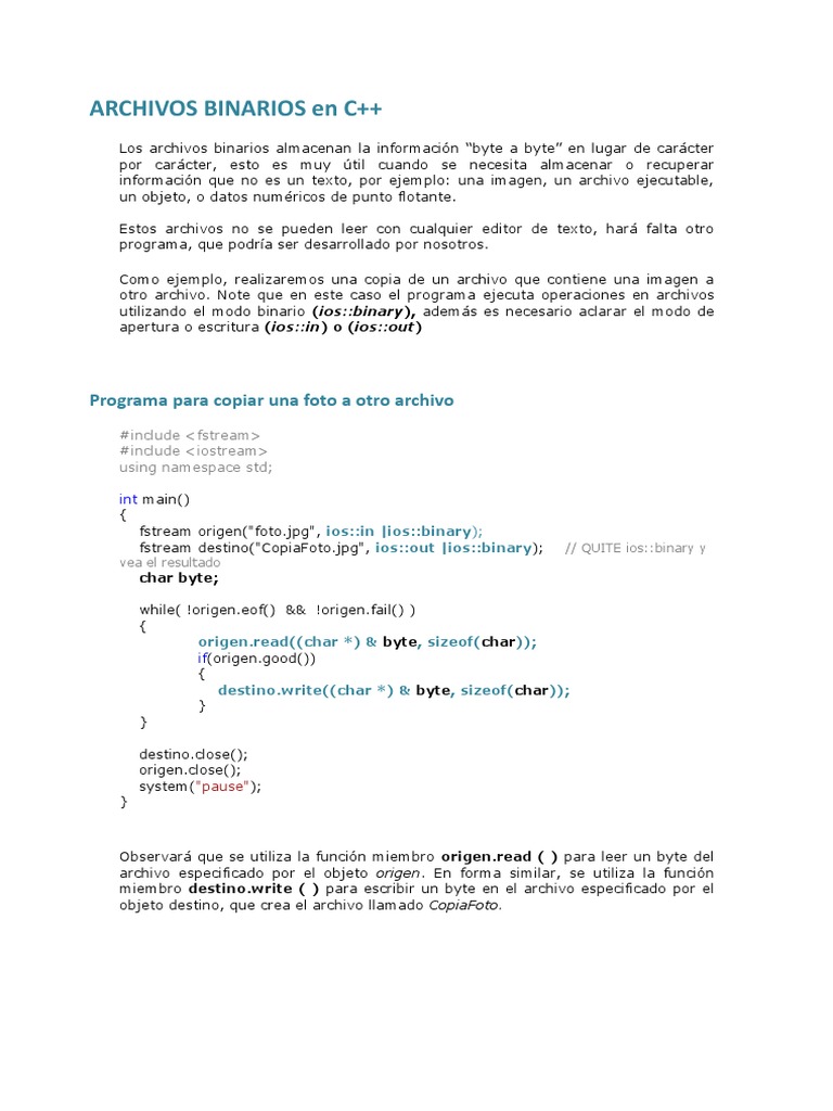 Manejo de Archivos Binarios en C++ | PDF | C ++ | Archivo de computadora