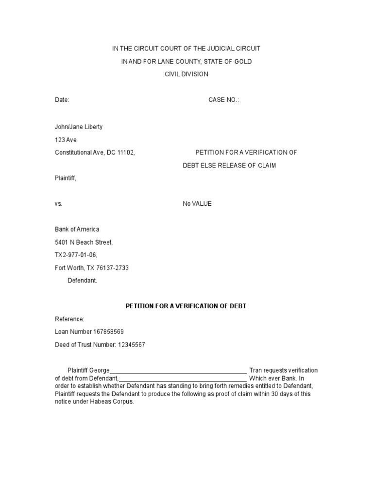 Petition for a Verification of Debt Virginia Circuit Court Debt