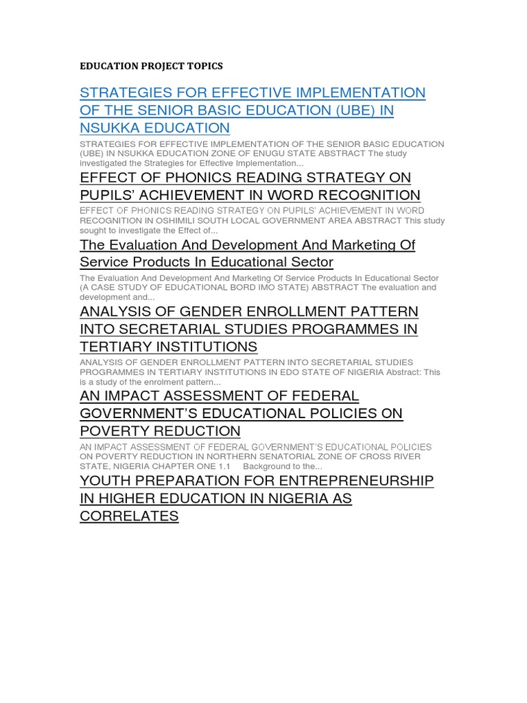 Education Project Topics Overview | PDF | Social Science