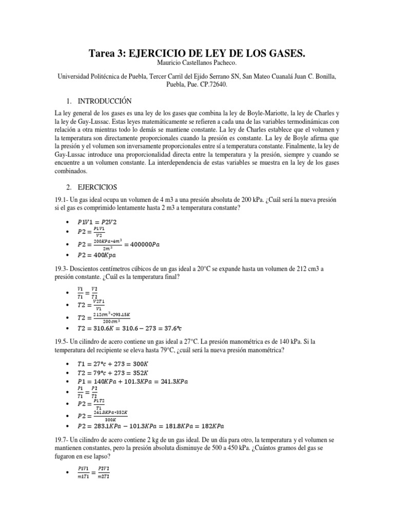 Ejercicios de Ley de Los Gases | PDF | Gases | Mole (Unidad)