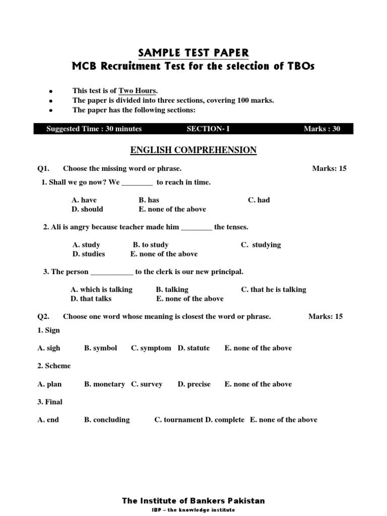 MCB TBO Recruitment Test Sample Paper | PDF | Economies | Business