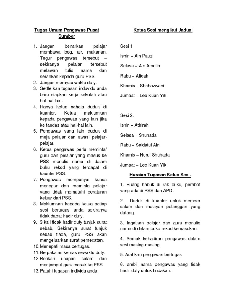 Tugas Umum Pengawas Pusat Sumber Pdf