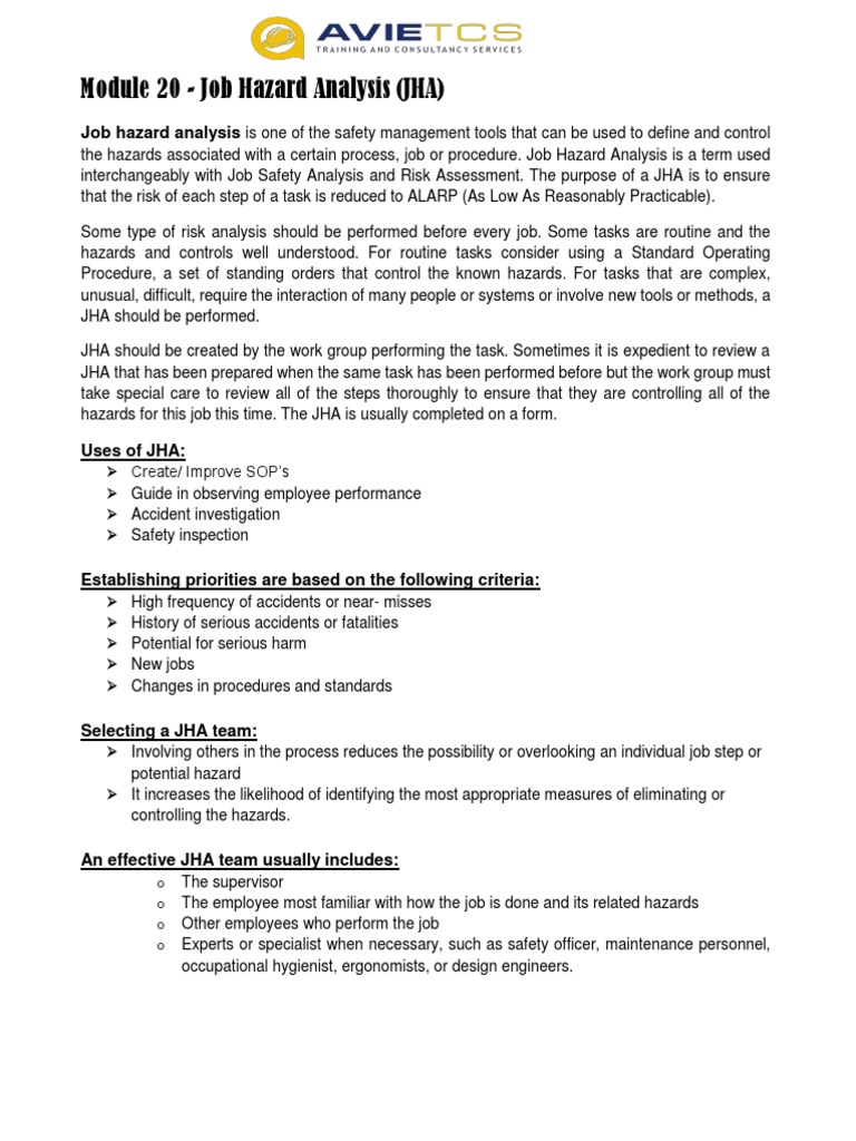Module 20 - Job Hazard Analysis (JHA) | PDF | Safety | Prevention