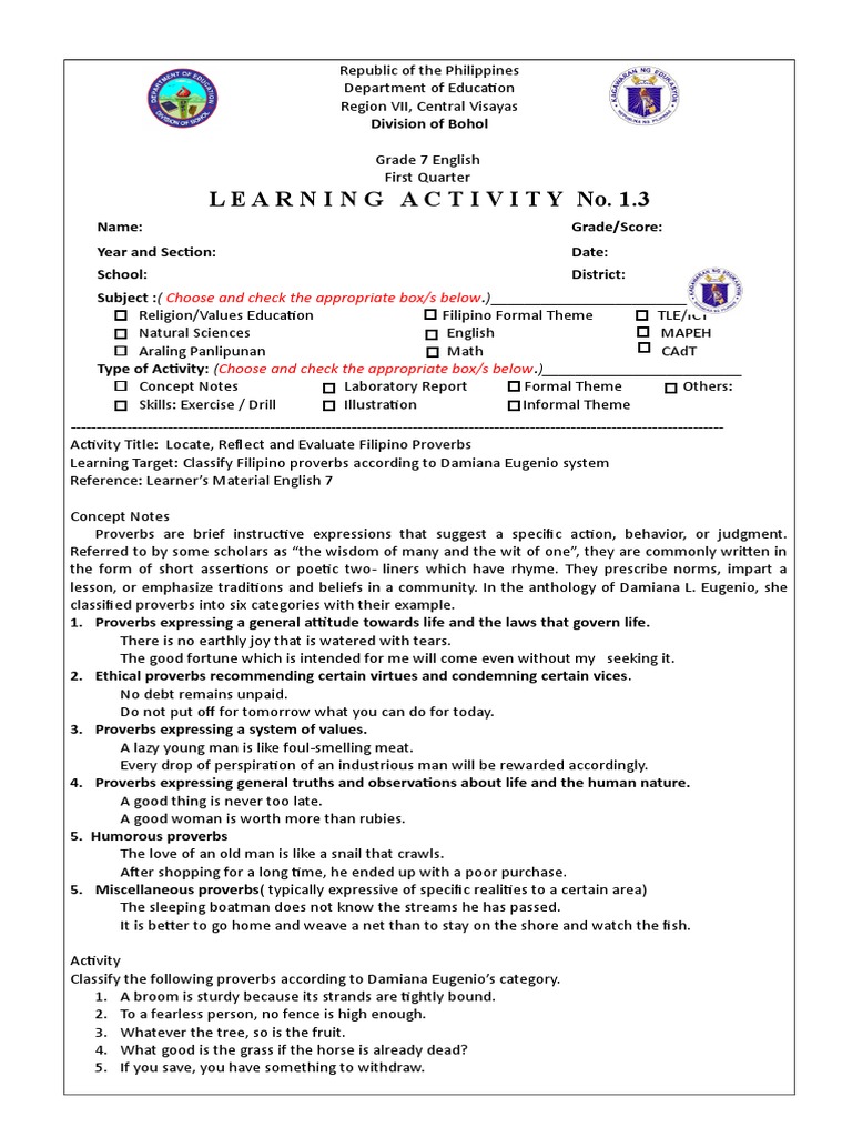 Learning activity no 1 3 choose and check the appropriate box s below