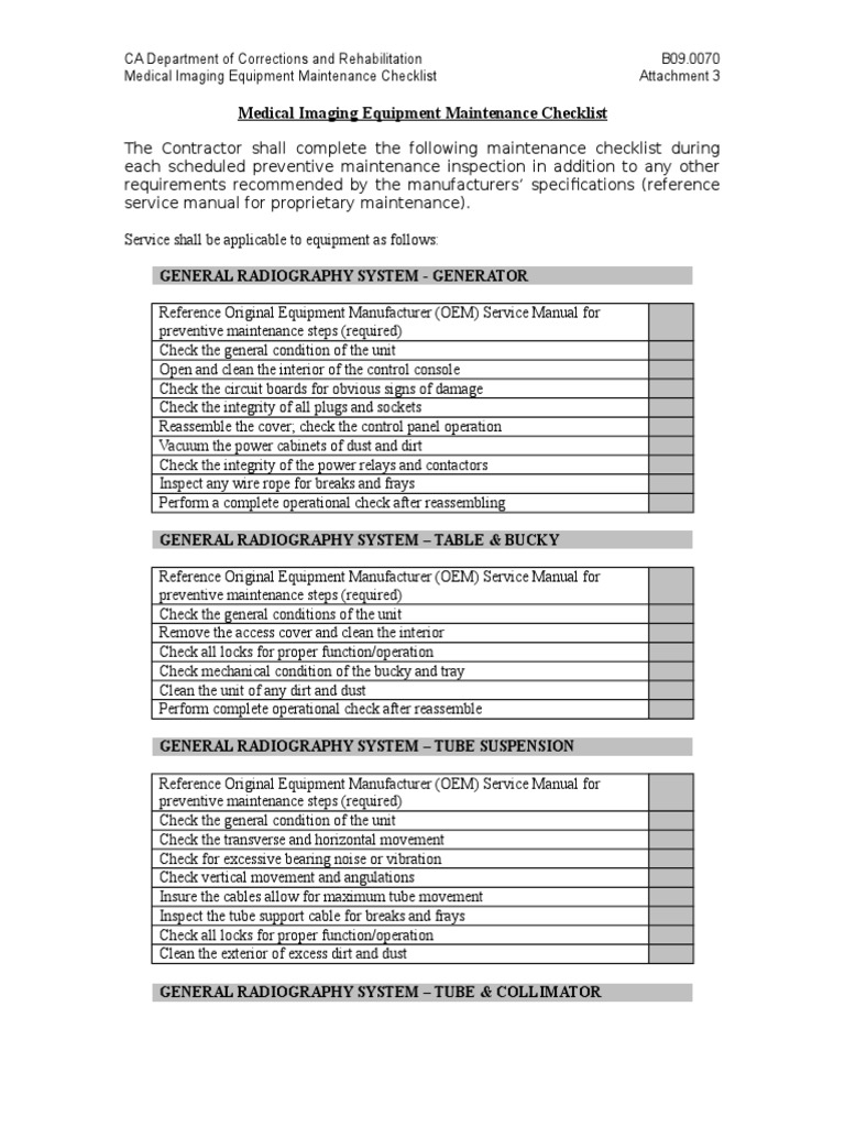 X-Ray Systems Maintenance Checklist | PDF | Radiography | Electrical ...