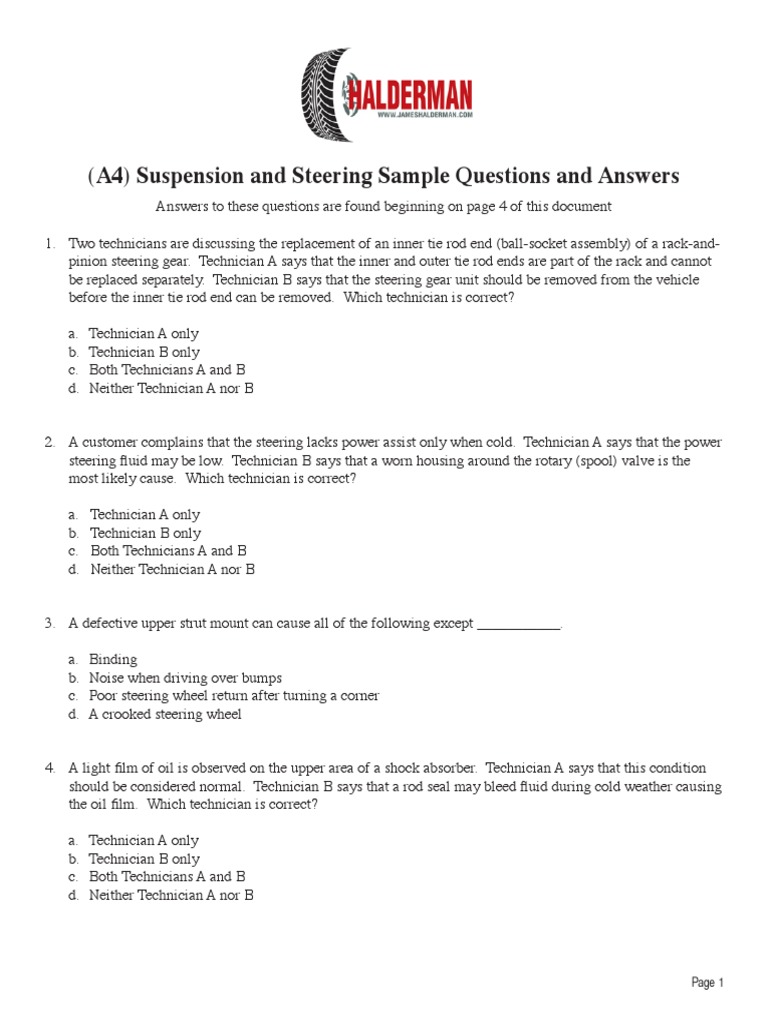 (A4) Suspension and Steering Sample Questions and Answers PDF