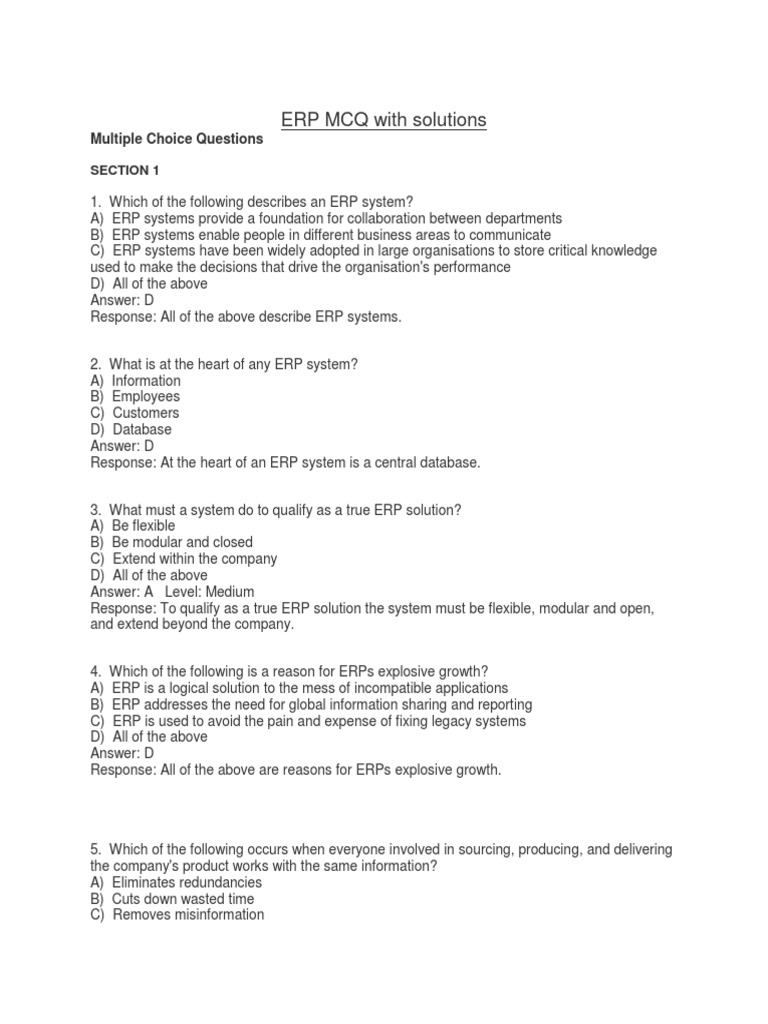 Erp Mcq With Solutions Enterprise Resource Planning Business Process
