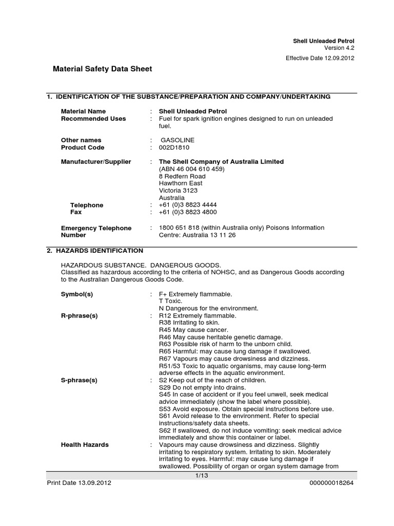 Shell Unleaded Petrol Safety Data Sheet | PDF | Toxicity | Benzene