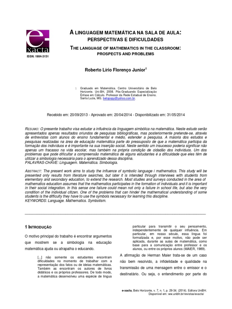 Linguagem Matemática e Suas Dificuldades | PDF | Linguagem natural ...