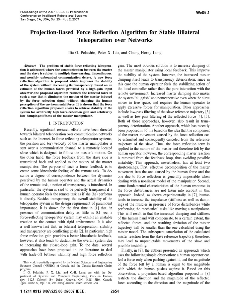 Projection-Based Force Reflection Algorithm For Stable Bilateral ...