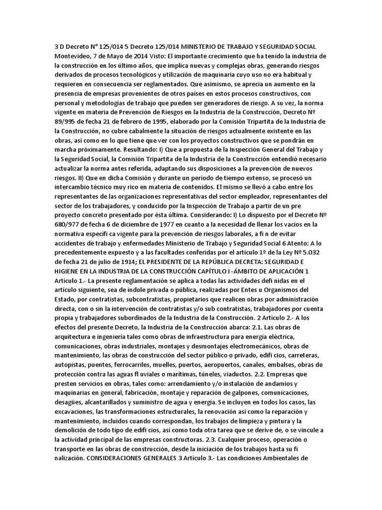 Seguridad en la Construcción: Decreto 125/14 | PDF | Andamio | Primeros ...