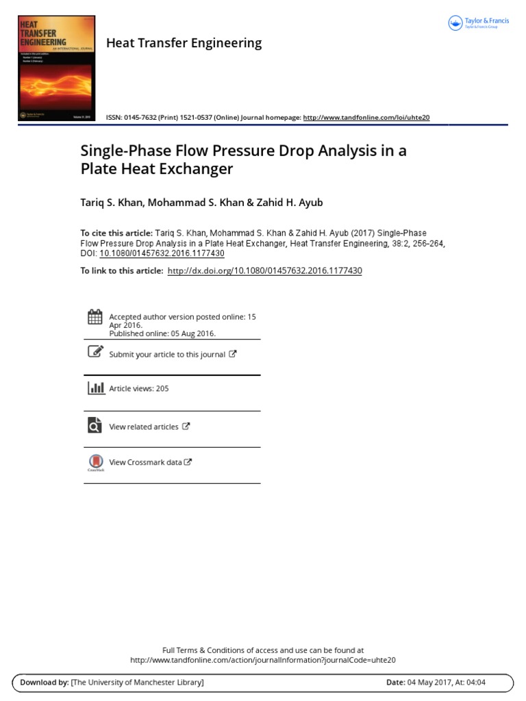 Single Phase Flow Pressure Drop Analysis in A Plate Heat Exchanger PDF ...