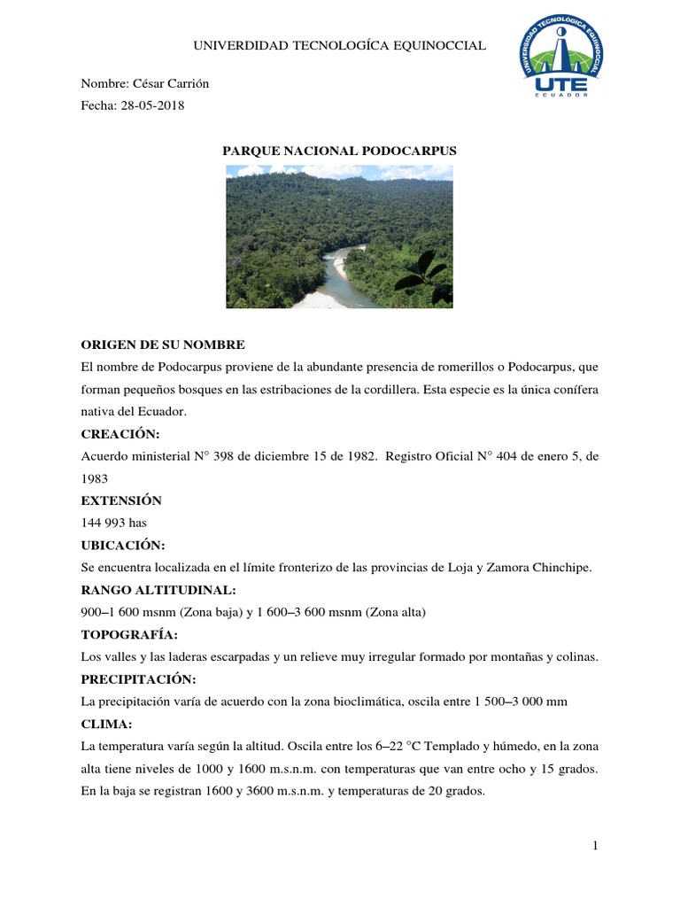 Parque Nacional Podocarpus: Flora y Fauna | PDF | Ciencias de la Tierra |  Geografa Fsica