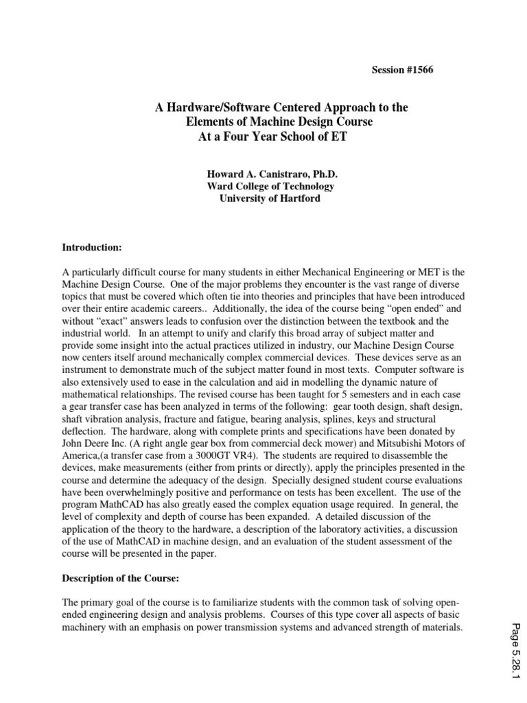 A Hardware Software Centered Approach To The Machine Design Course at A ...