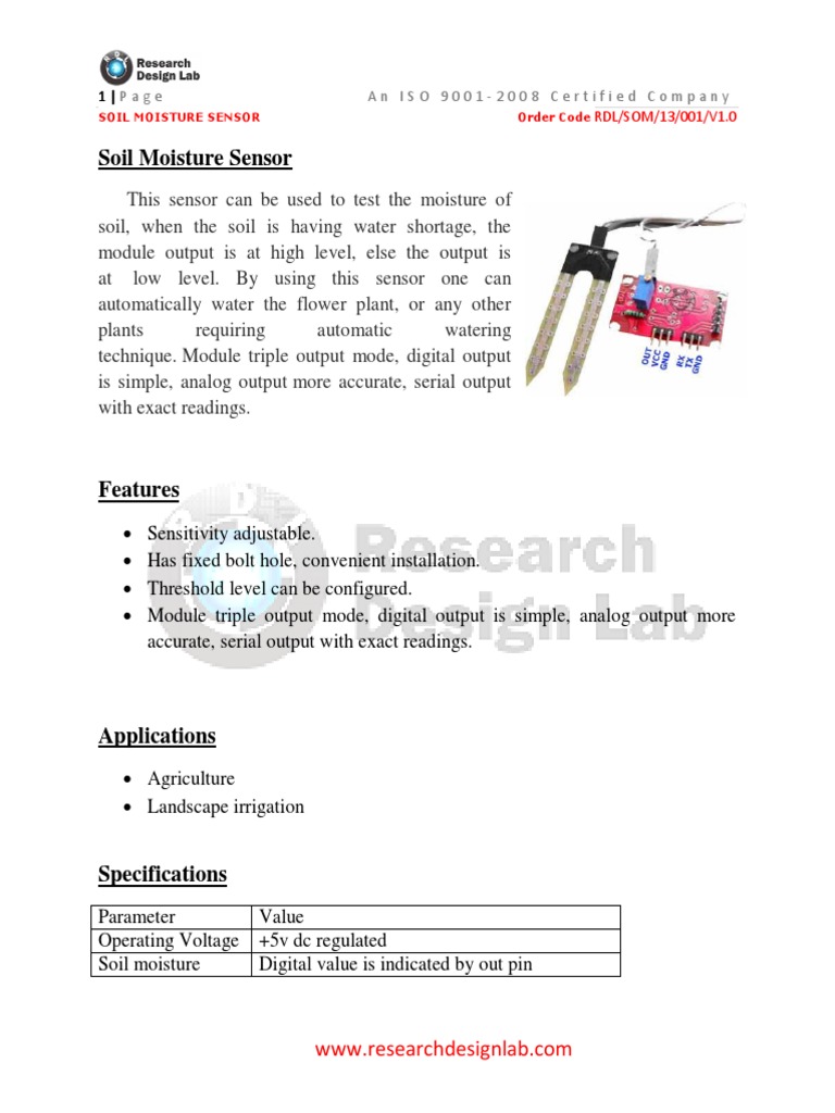 Soil Moisture Sensor Overview and Specs | PDF | Capacitor | Sensor
