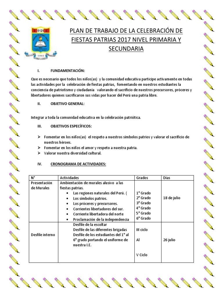 Plan de Trabajo de Fiestas Patrias 2016 Nivel Primaria y Secundaria PDF Perú Educación
