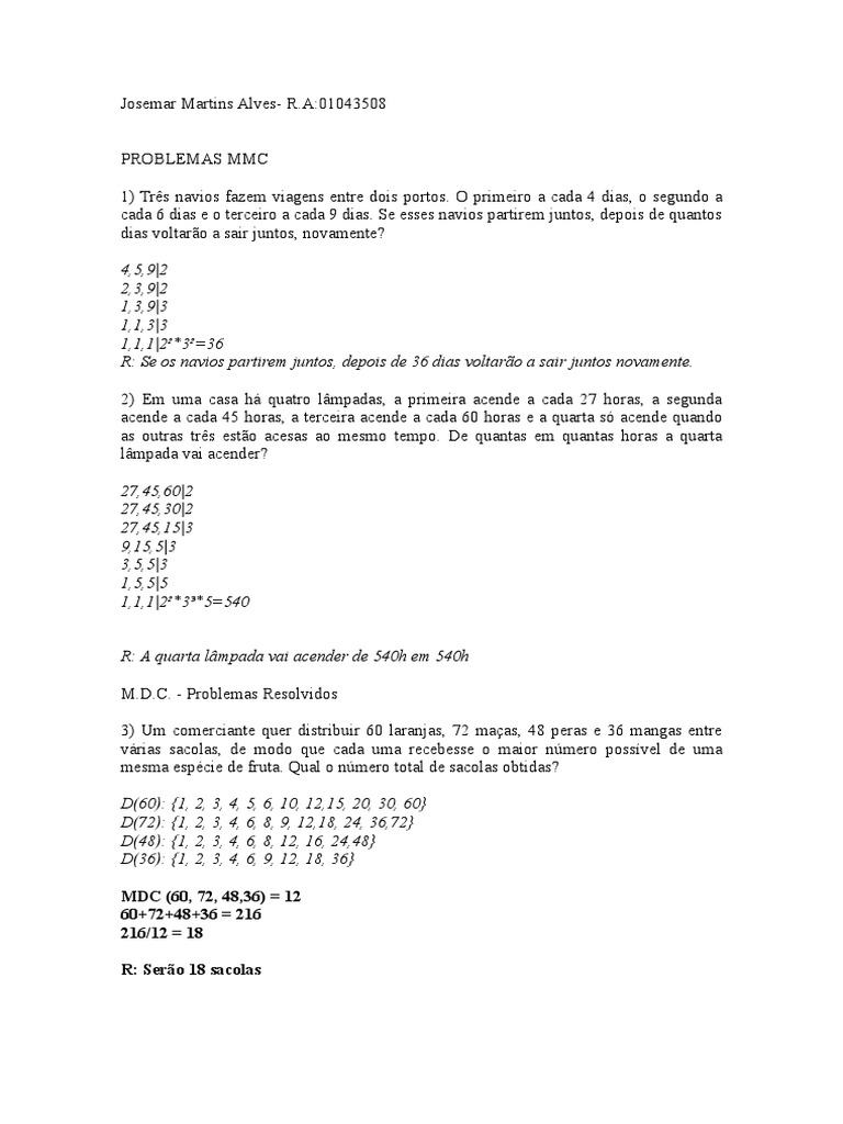 MDC e MMC de números - Problemas resolvidos | PDF