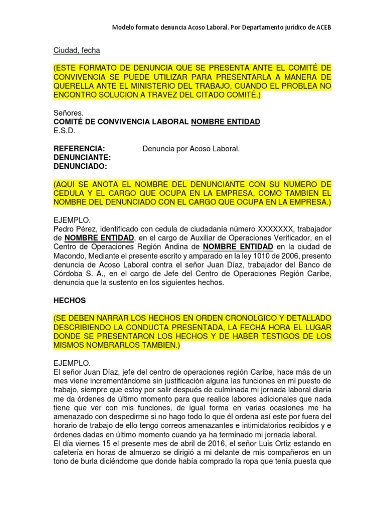 Modelo Denuncia Acoso Laboral | PDF