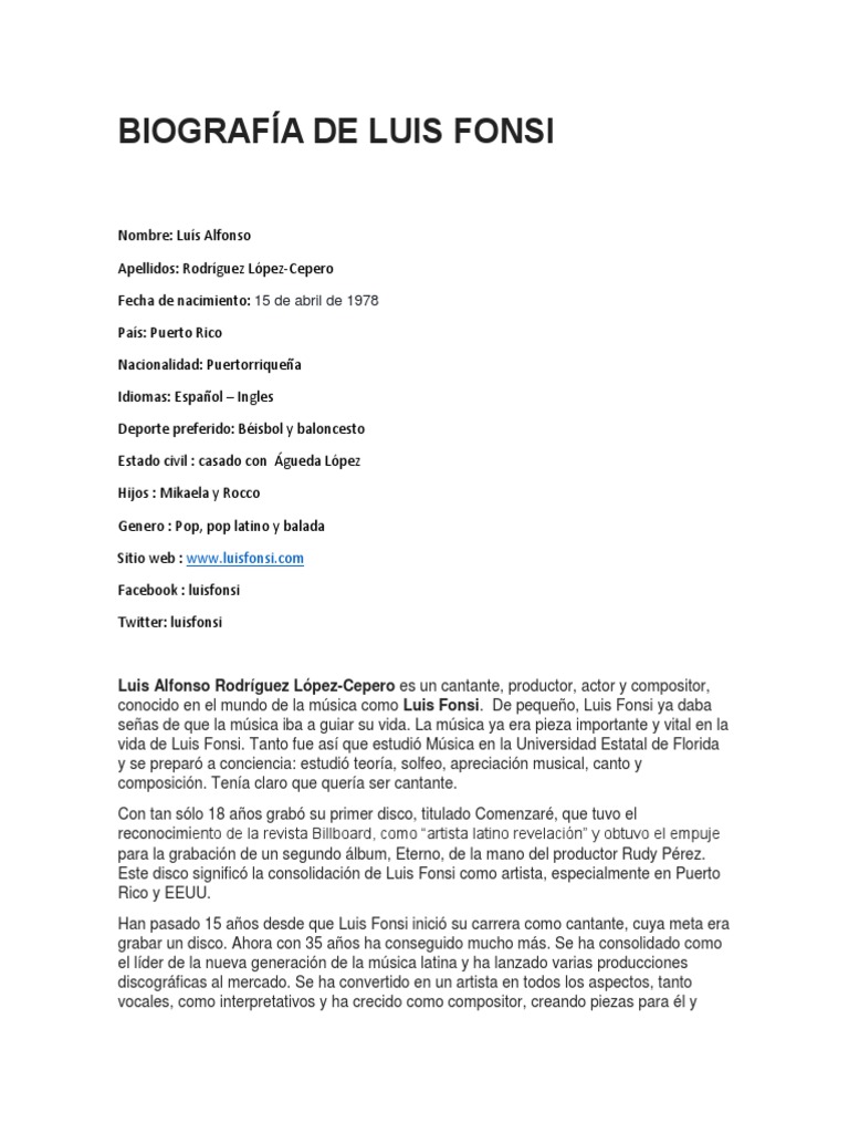 Biografía de Luis Fonsi | PDF | Música pop | Música grabada, image size:768x1024