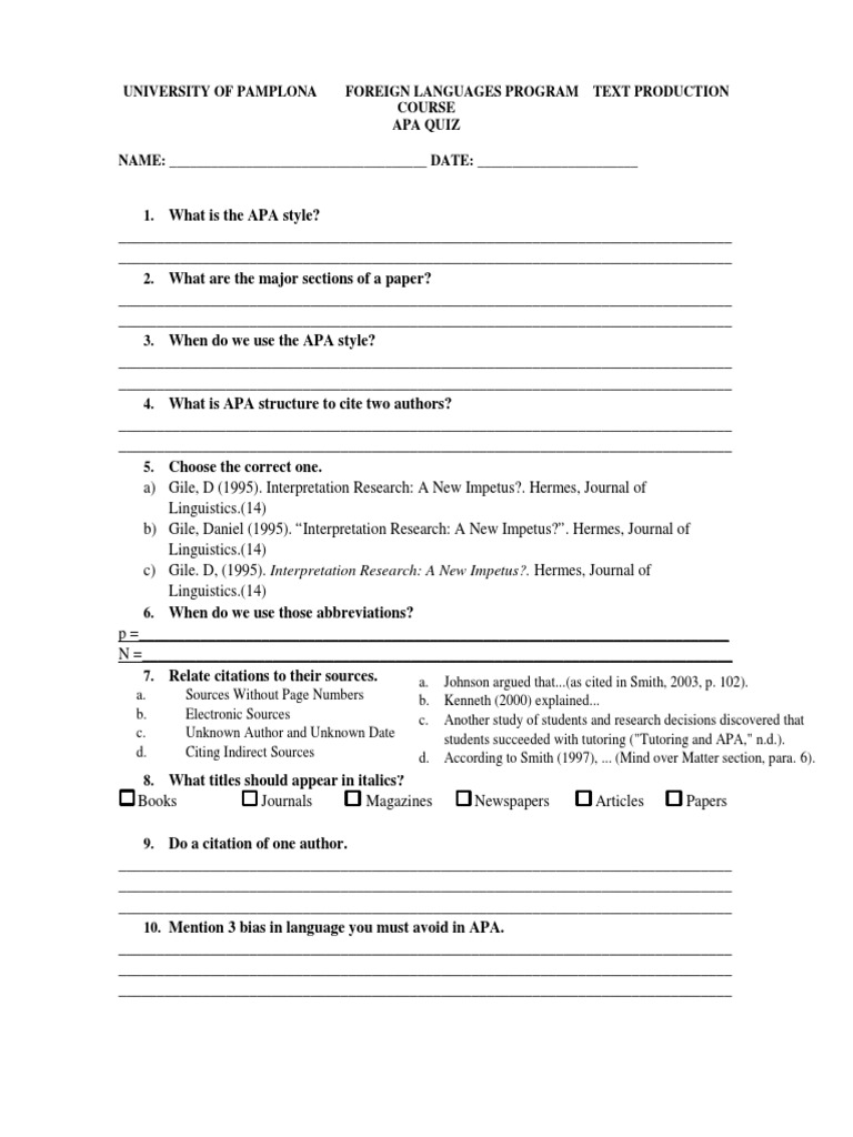 Apa Quiz | PDF | Citation | Apa Style