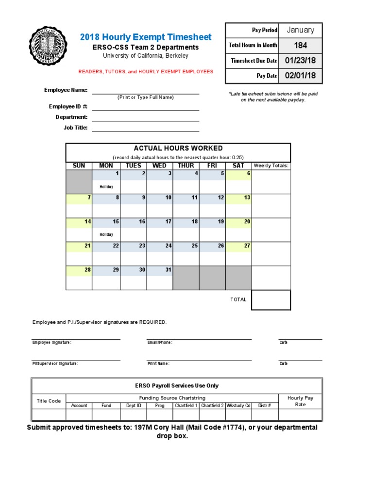 2018 Hourly Exempt Timesheet: ERSO-CSS Team 2 Departments | PDF ...
