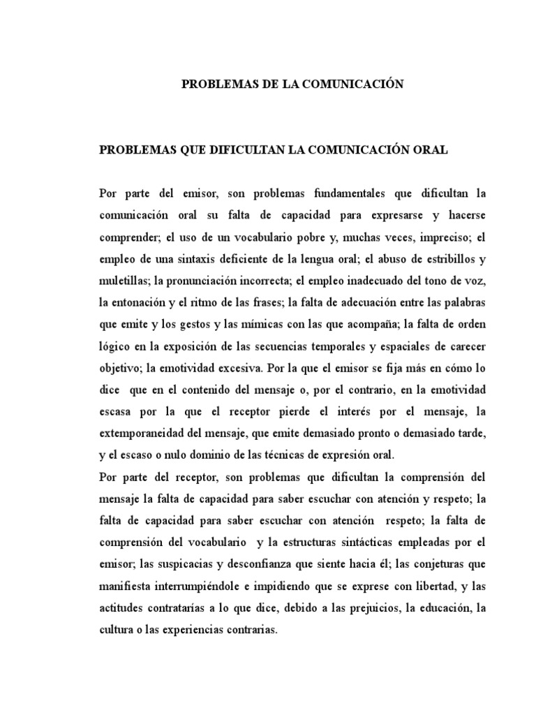 Problemas en la Comunicación Oral | PDF | Concepto | Comunicación