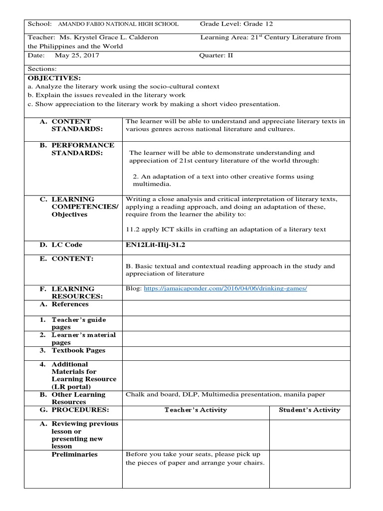 Grade 12 Literature Lesson Plan | PDF | Educational Technology | Learning