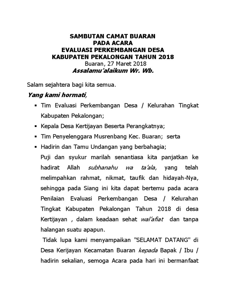 Pidato Sambutan Camat Buaran Dalam Acara Evaluasi Perkembangan Desa