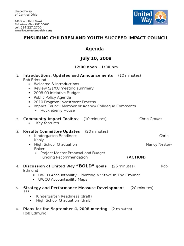 United Way Youth Success Council Agenda | PDF