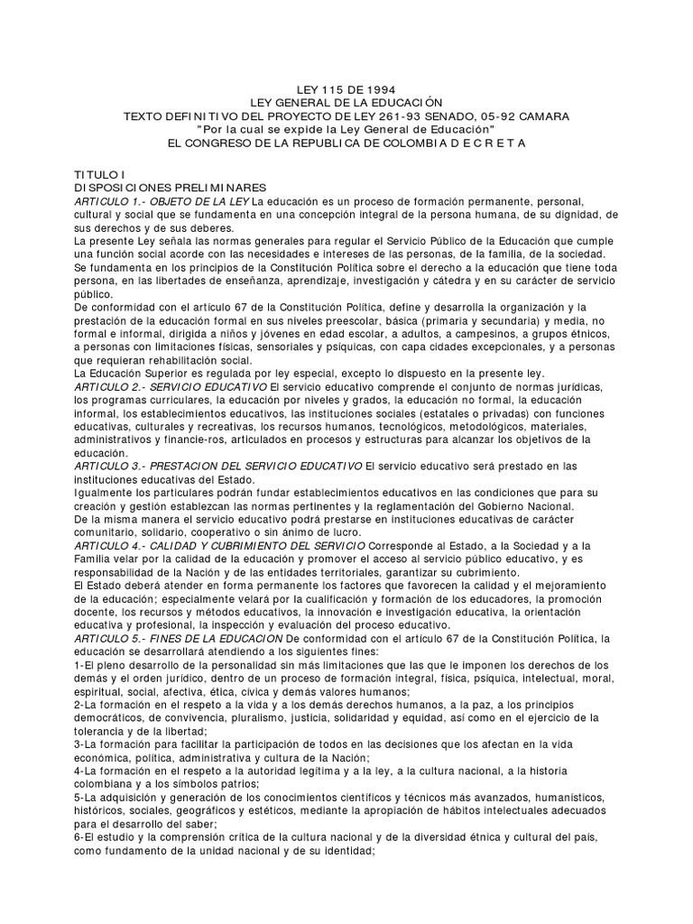 Ley 115 De 1994 Pdf Pdf Educación Secundaria Jardín De Infancia