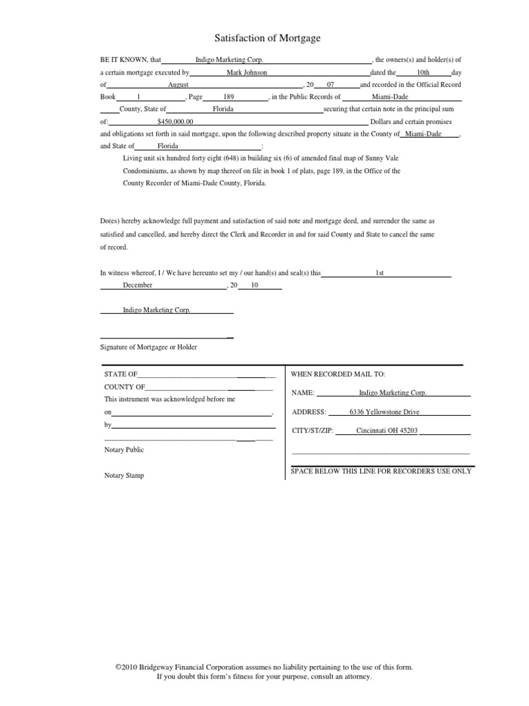 Satisfaction of Mortgage Document | PDF | Mortgage Law | Mortgage Loan